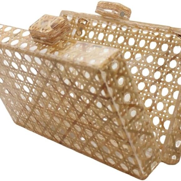 Women Acrylic Handbag Rattan Woven Pattern Square Box Crossbody Handbag Shoulder - Picture 2 of 6